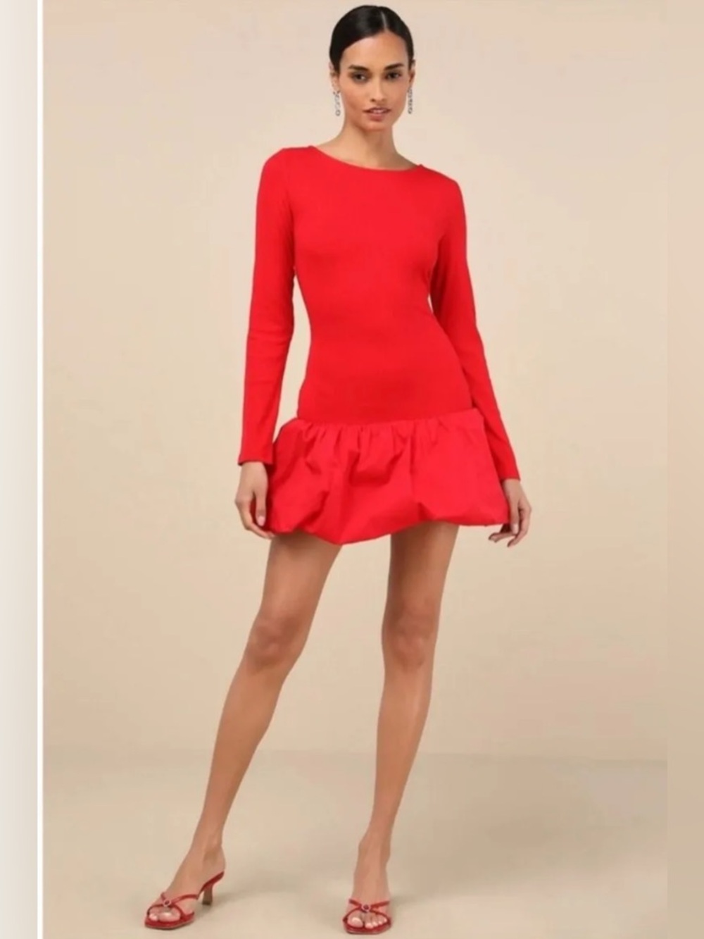 Lulus Red Long Sleeve Drop Waist Bubble Hem Dress